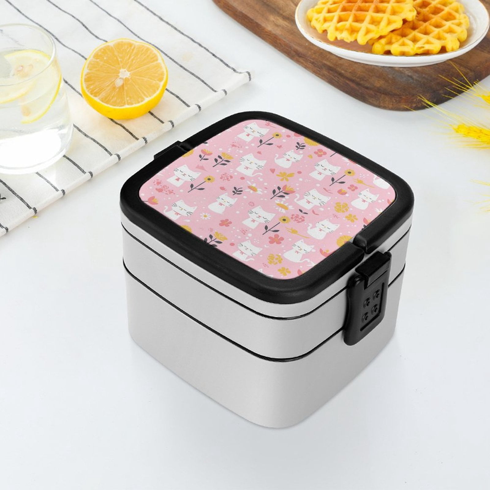 5.3×4.3in Double-Layer Bento Box Sealing Leakproof Partition Design Buckle Design Convenient Switch With Handle Cartoon Cat And Flowers