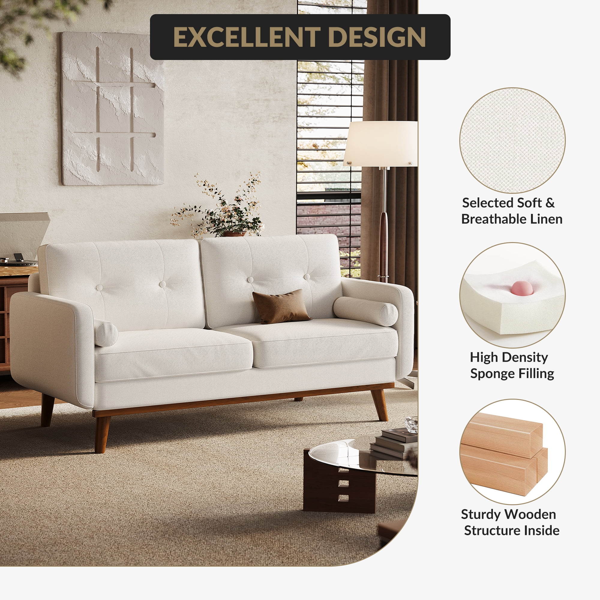 Modern Accent 65"W Loveseat Sofa, Button Tufted Upholstered Furniture,Mid Century Modern Decor Love Seat Couches for Living Room, Small Couch for Bedroom Office Apartment, So-lid & Easy to Install