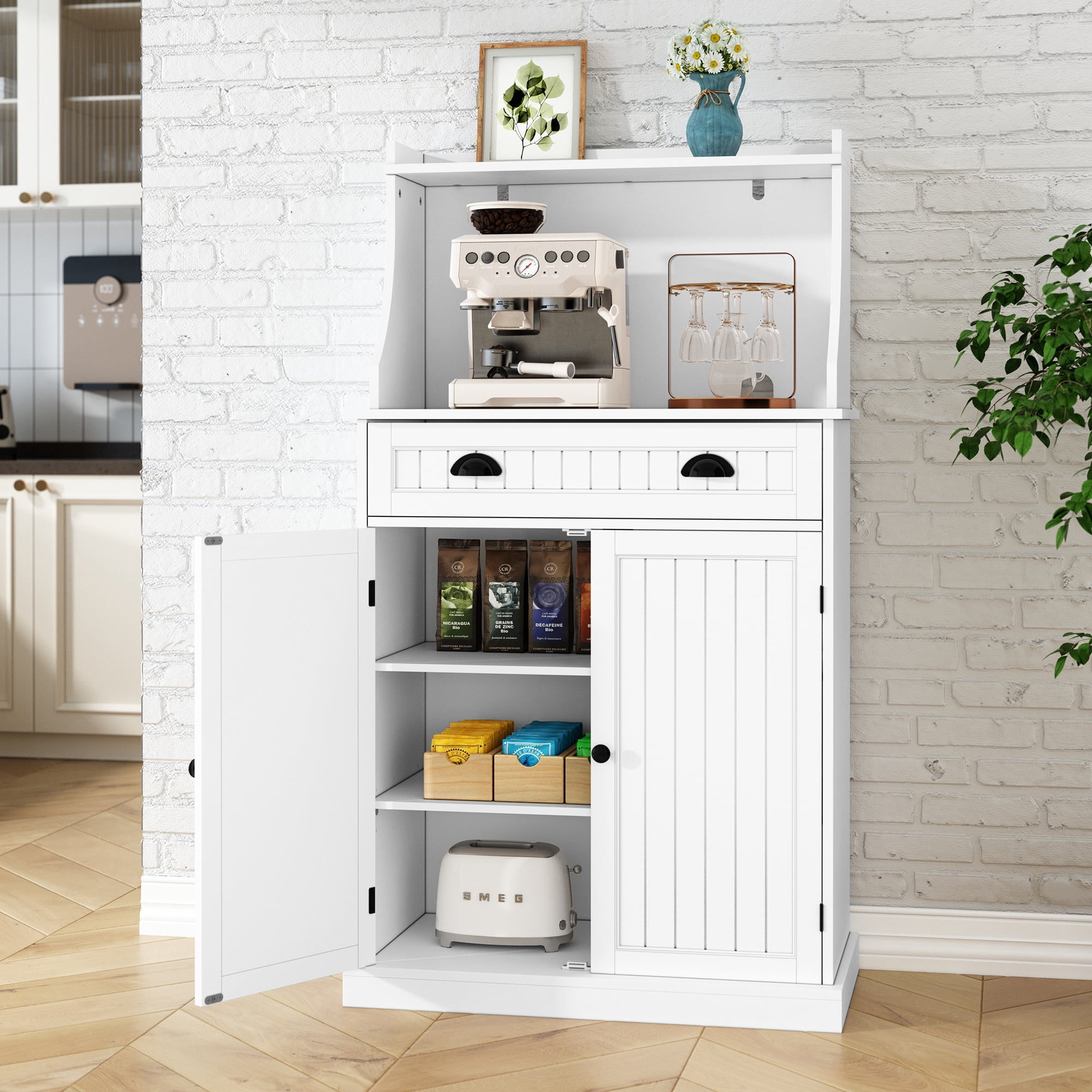 CBJCBJ 54" Kitchen Pantry Cabinet with Door & Shelves, Sideboard Buffet Cabinet with Microwave Stand for Dining Room, White