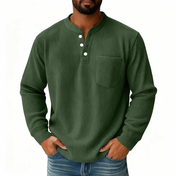 LNZGNM Mens Long Sleeve Shirts Solid Color Corduroy 3 Button T-Shirt Lightweight Slim Fit Shirts Fashion Fall Tops,Light Green XL
