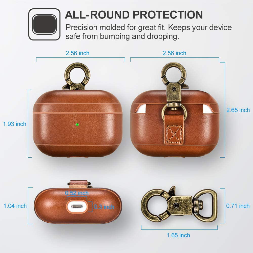 for AirPods Pro Leather Case with Strap,ICARER Genuine Leather Portable Protective Shockproof Cover for Apple AirPods Pro Case Keychain Support Wireless Charging for AirPods Pro, Coffee 