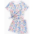 thumbnail image 4 of PatPat Pajamas for Women 2 Piece Lounge Sets Short Sleeve Top and Shorts Loungewear Cute Floral Print Outfits Sets with Drawstring Pockets, Light Blue, L, 4 of 11