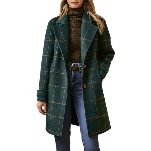Luwomo Women's Winter Peacoat Notched Collar Plaid Wool Trench Coat Button Down Mid Long Overcoat Outerwear,Dark Green,2XL