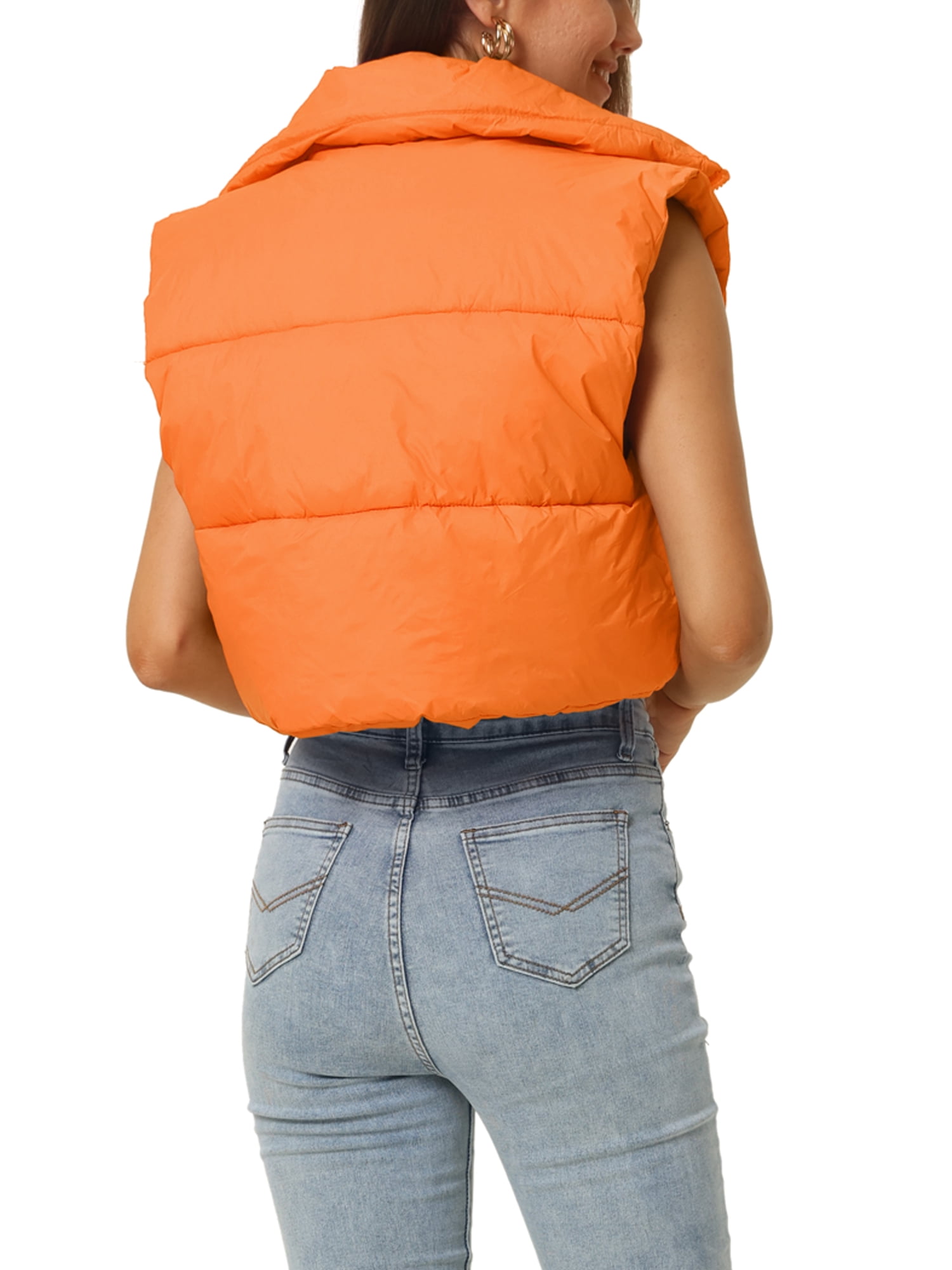 Unique Bargains Women's Padded Vest High Stand Collar Zip Crop Fashion Jacket Puffer Vests S Orange