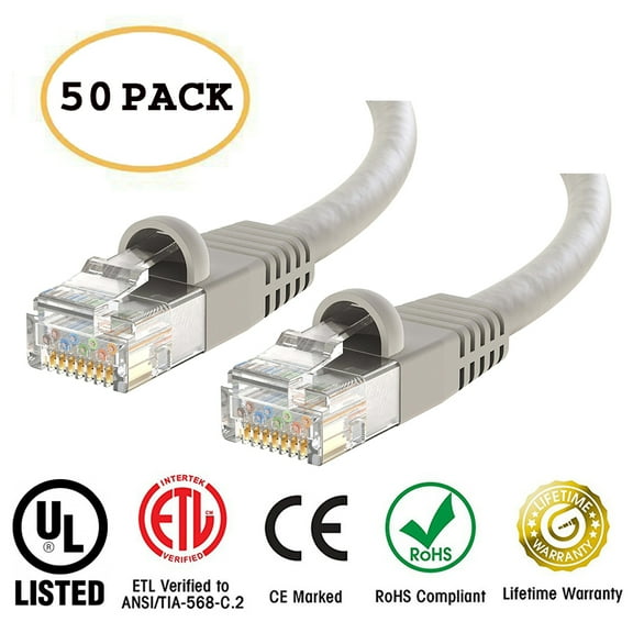 Huetron™ 50-Pack Cat 6 Ethernet Cable Cat6 Snagless Patch 5 Feet - Computer LAN Network Cord, GRAY