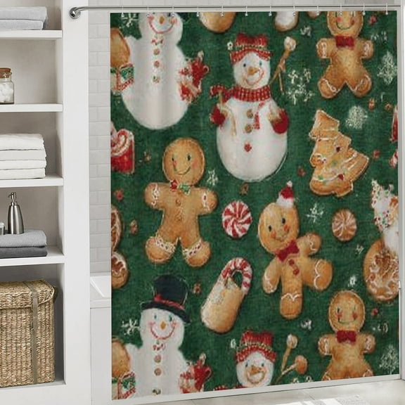 Christmas Shower Curtain, Gingerbread Man Christmas Curtain with Hooks for Home Bathroom Decor Washable Curtains, 72x72 in