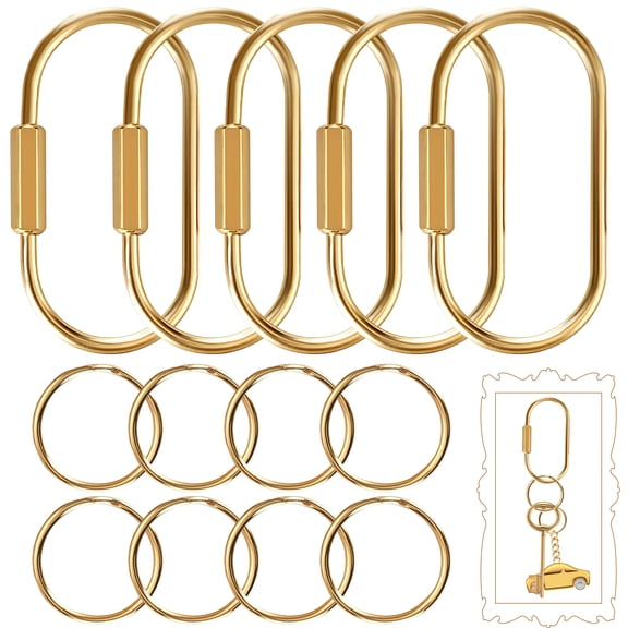 5 Set Brass Key Rings with Secure Screw Lock - Gold Carabiner Keychain Organizer for Men Women | Purse Handbag Charms, Dog Leash & Pet Tag Holder