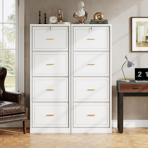 Finmind 4-Drawer File Cabinet, Vertical Filing Cabinet with Lock for A4/Letter/Legal Size Files Set of 2, White