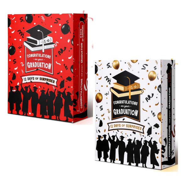 Graduation Gift Advent Calendar, 12-Day Surprise Box with Graduation-Themed Compartments, DIY Fillable Empty Gift Box for Graduates - (Black & Red)