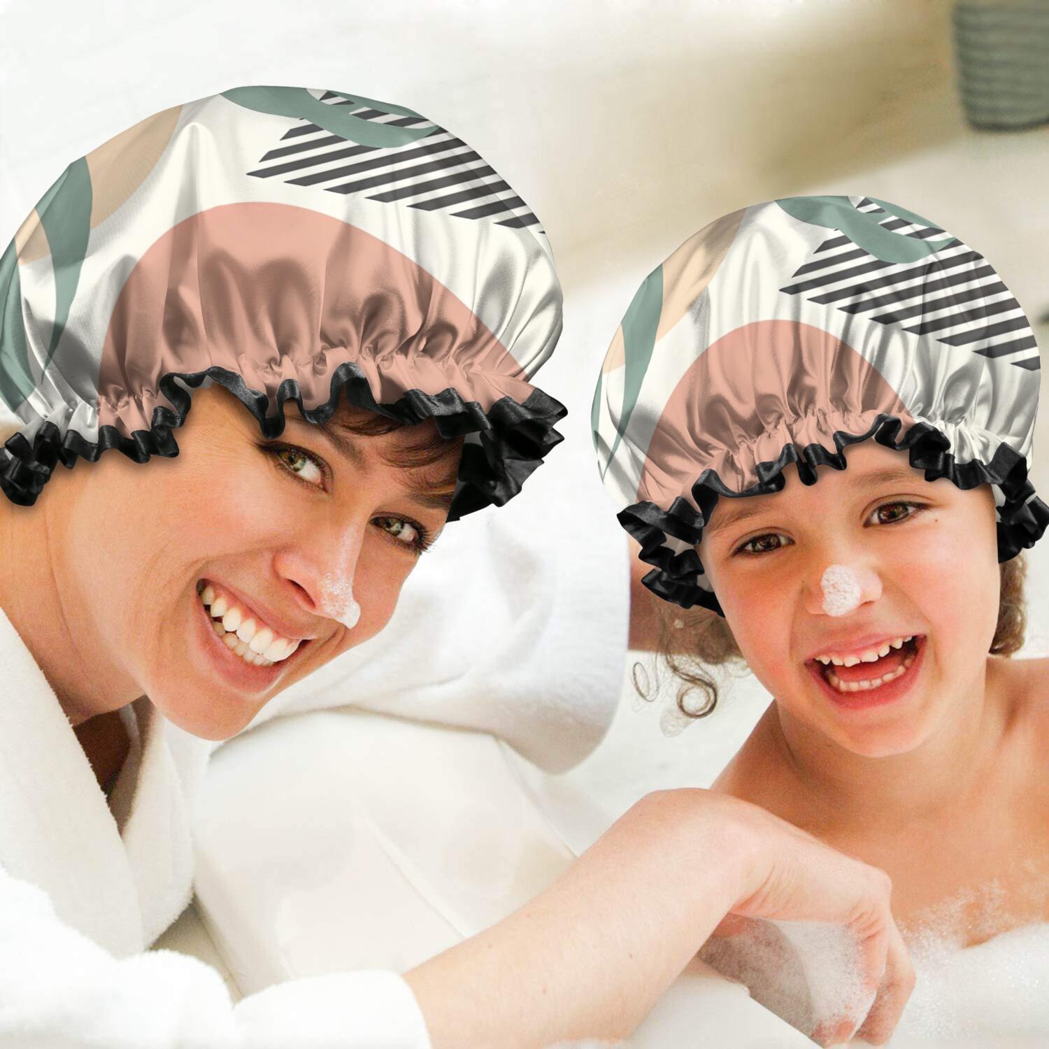 Shower Caps,Green Boho Geometric and Plant Pattern Waterproof Shower Cap for Women 4 Pieces,Double Reusable Hair Cover for Shower PEVA Elastic Stretch Hem