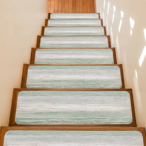 Green Gray Stair Treads Non Slip for Steps White Gradient Rustic Striped Minimalist Country 7 Pcs Reusable Adhesive Stair Runner Mats for Dogs Elders Carpet Treads Rugs for Staircase 8x30 In