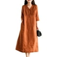 thumbnail image 2 of V-neck Pleated Buttons Half Placket Slant Pockets Plus Size Vintage Dress Spring Summer Half Sleeve Solid Color Midi Dress Female Clothing, 2 of 7