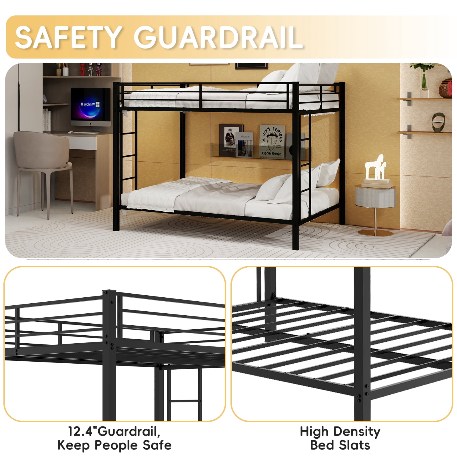 Leumius Queen over Queen Metal Bunk Bed,Heavy-Duty Steel Frame with Ladder & Safety Guardrails for Adults,Black