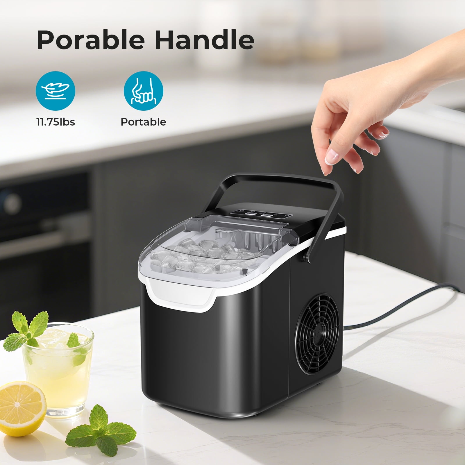 WAA Countertop Ice Maker with LED Display & Timer,26lbs/24H,Self-Cleaning,Portable Handle,Compact for Home/Kitchen(Black)