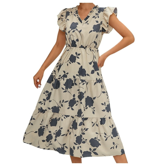 Birdeem Robe Décontractée Mode pour Femmes Col en V Imprimé Floral Fendu Manches Bouffantes