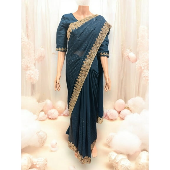 Blue Party Wear Stonework Saree with Ready Blouse , 022