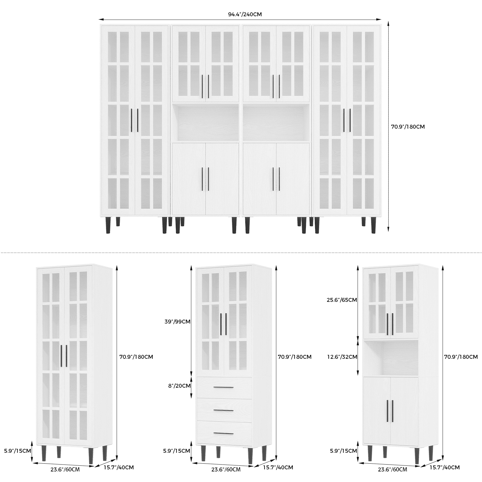RichYa 4Pcs Pantry Storage Cabinet Set,Modern Sideboard Buffet Cabinets with Shelves & Display Glass Doors for Kitchen,Dining Room,White(AACC)