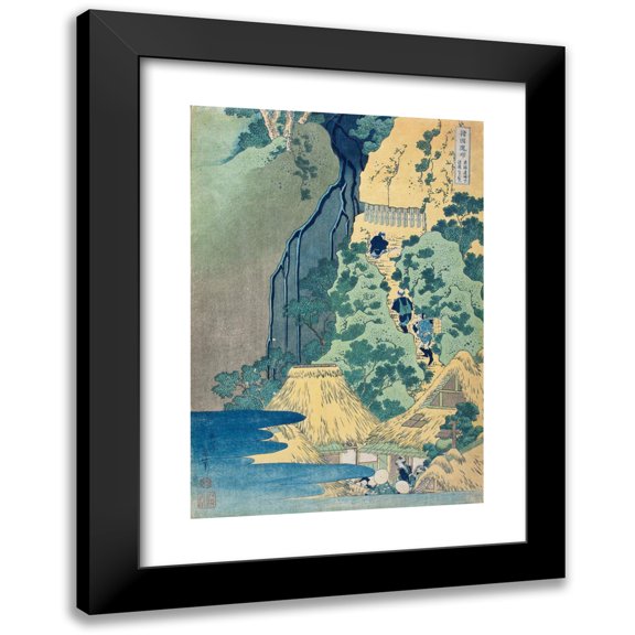 Katsushika Hokusai 11x14 Black Modern Framed Museum Art Print Titled - Kannon Shrine at Kiyo Falls, Sakanoshita, Tokaido (circa 1833-1834)