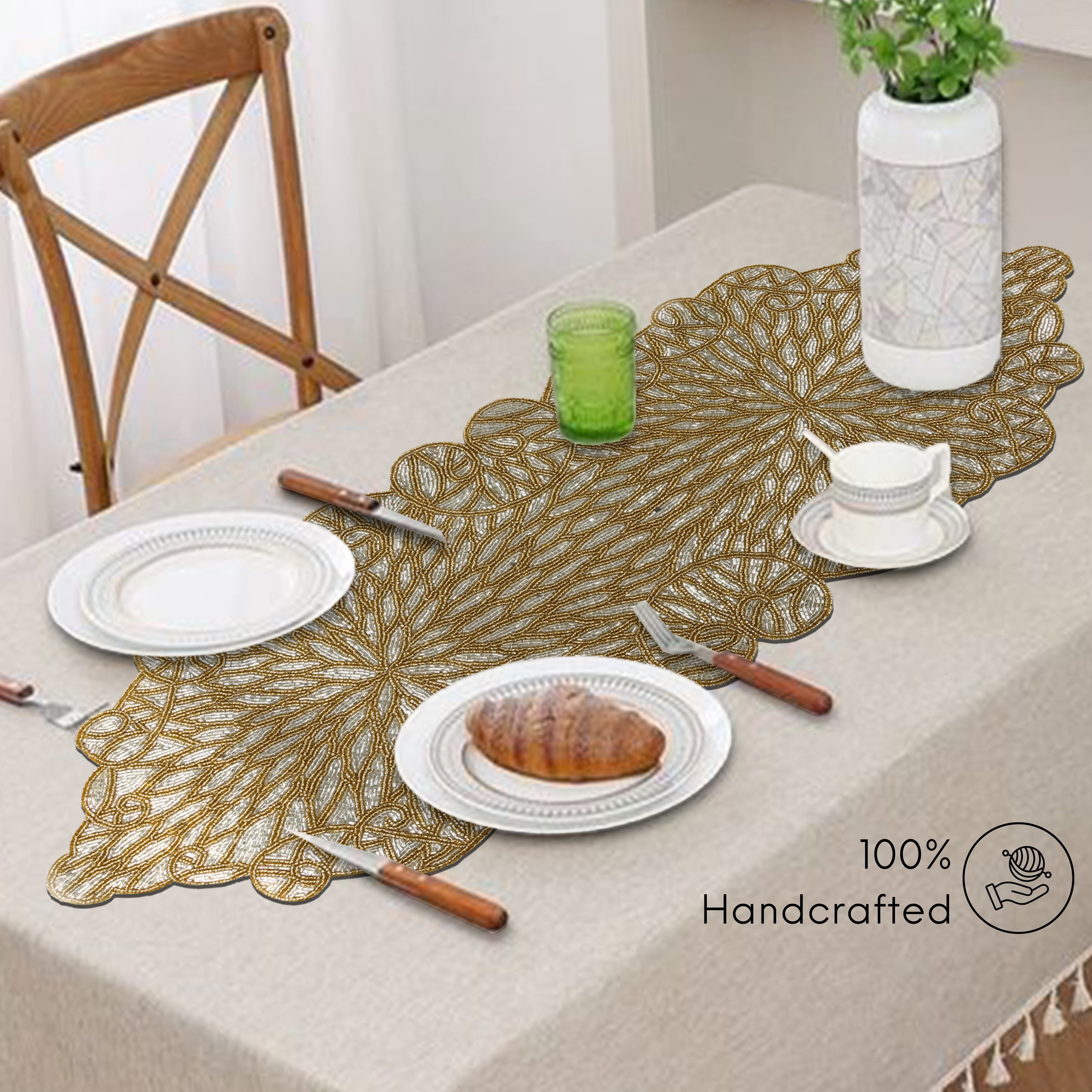 Glass Beaded Handmade Table Runner - Stylish Centerpiece for Parties and Weddings (Gold)