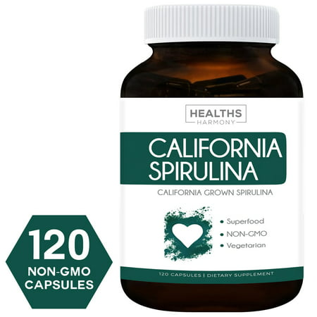 Healths Harmony California Spirulina Capsules (NON-GMO) 120 Vegetarian Capsules 500mg - Blue Green Algae Superfood from Powder - California Grown - Gluten Free, Non-irradiated - Vegan - No (Best Green Superfood Capsules)