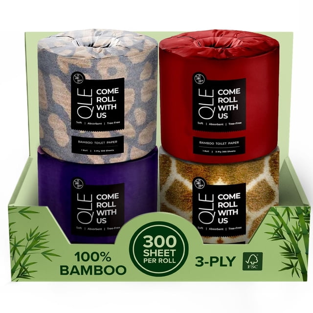 Papel higiénico QLE Bamboo, paquete de 4, 3 capas, 300 hojas