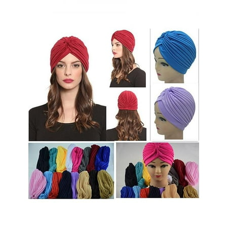 - Women Stretchy Hat Turban Head Wrap Band Chemo Bandana Hijab Pleated Indian Cap