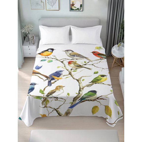 Queen Size Flat Sheet Only,Spring Leaves Colorful Bird on White Soft Top Bed Sheets Breathable Bedding Sheet Watercolor Branch Microfiber Hotel Luxury Top Sheets