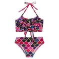 thumbnail image 4 of TiaoBug 2 Pcs Kids Girls Mermaid Bikini Swimsuit Set Fish Scales Print Halter Ruffle Swim Crop Top with Brief Swimwear Black&Red 5-6, 4 of 7