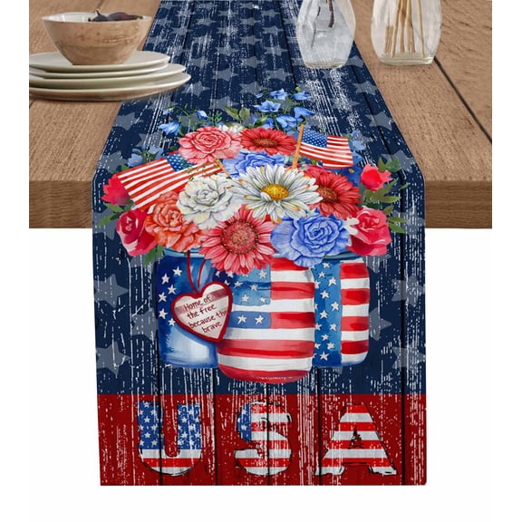 4th of July Table Runner 72 Inches, Independence Day USA Blue Red Star Floral Bed Runner Dresser Scarves Tabletop for Indoor Outdoor Parties/Ceremony/Banquet, 14" x 72"