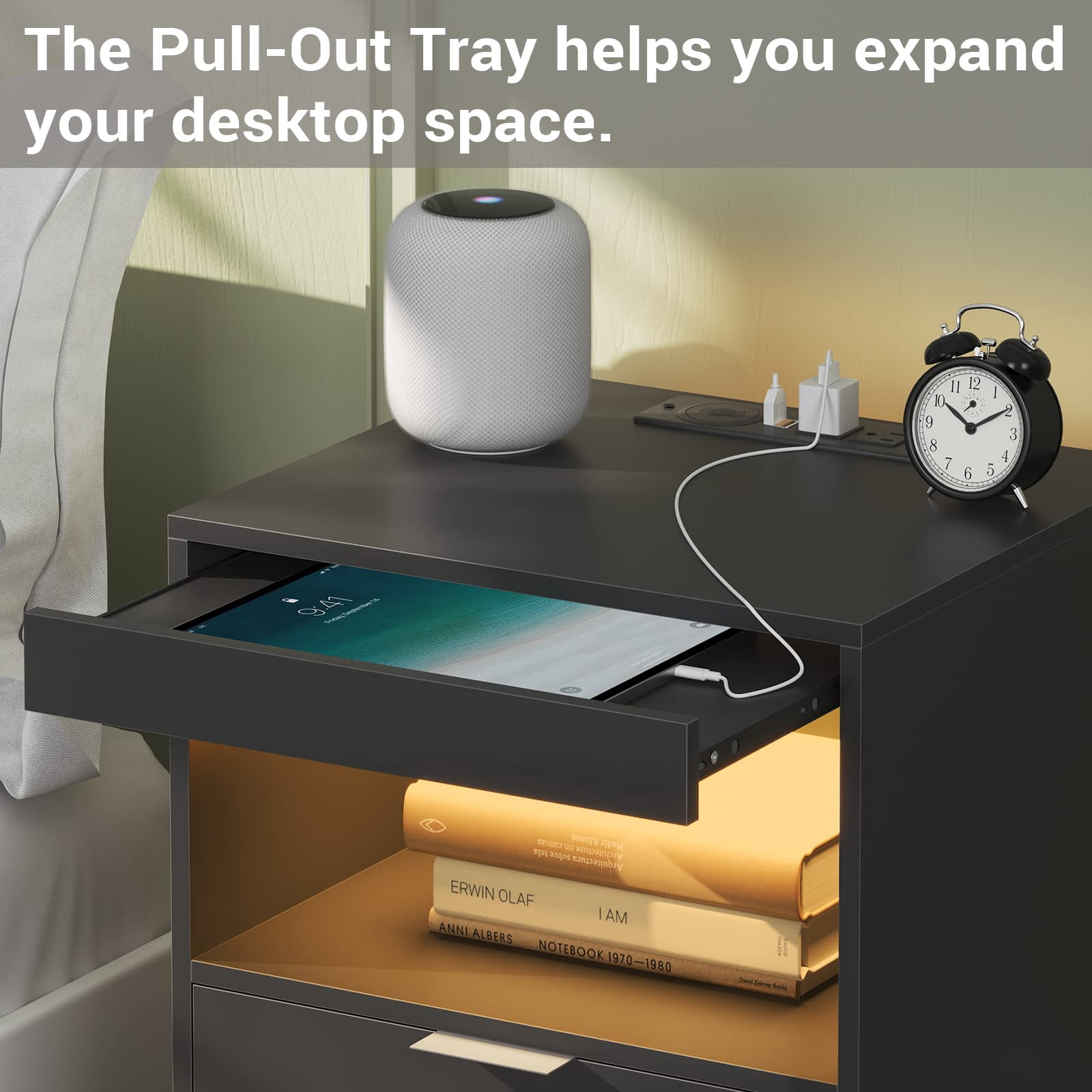 Afuhokles Nightstand with Wireless Charging Station Set of 2, LED Bedside Table with with 2 Drawers, Black