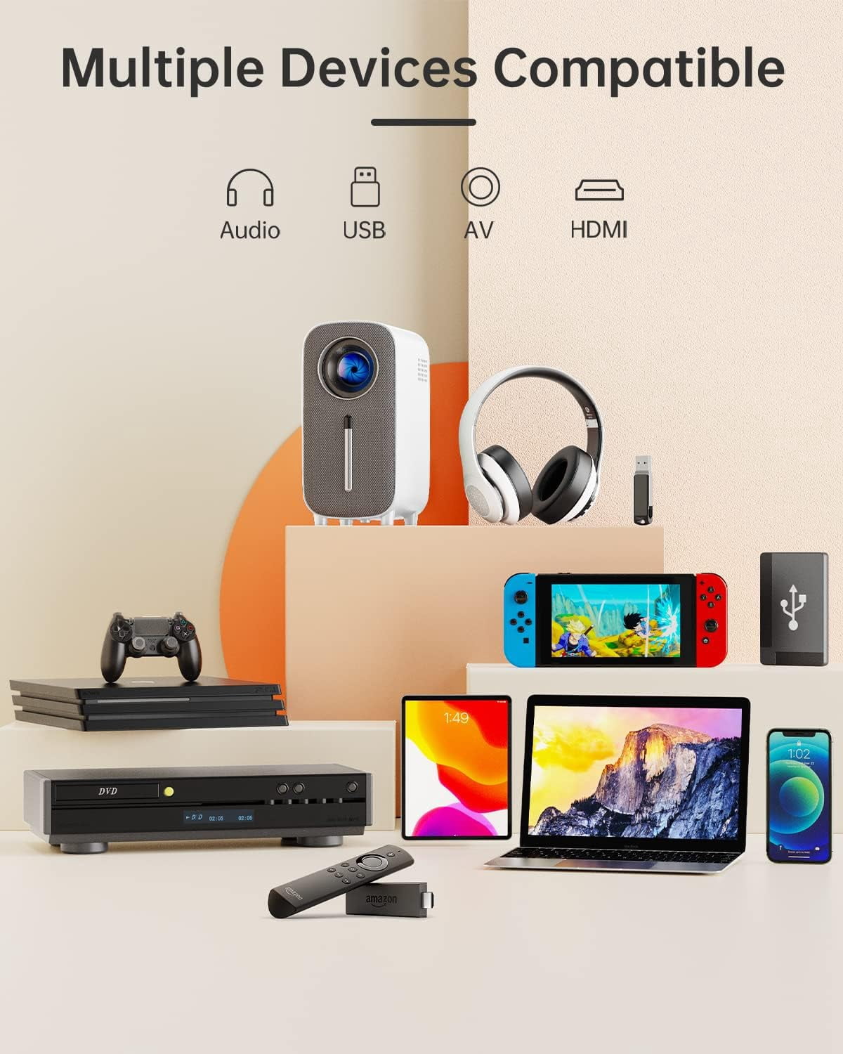 HISION Mini Bluetooth Portable Movie Projector 1080P Projector 4K Home Projector Outdoor TV Projector 8500L Video LED Projector Compatible with TV Stick Laptop Phone Tablet HDMI USB DVD White