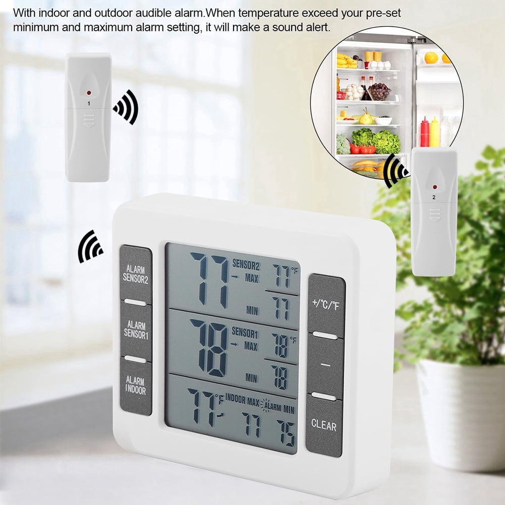 Wireless Digital Audible Alarm Refrigerator Thermometer with 2PCS Sensor Min/Max Display, Digital Refrigerater Therometer, Digital Alarm Thermometer