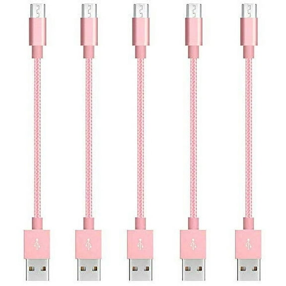 Short Micro to USB A Cable Nylon Braided 5 Pack (Rose Gold)