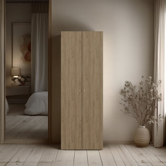 Miekor Furniture Basin 2-Door Tall Wardrobe Cabinet 66.9" H, Bedroom, Natural Oak MK9067