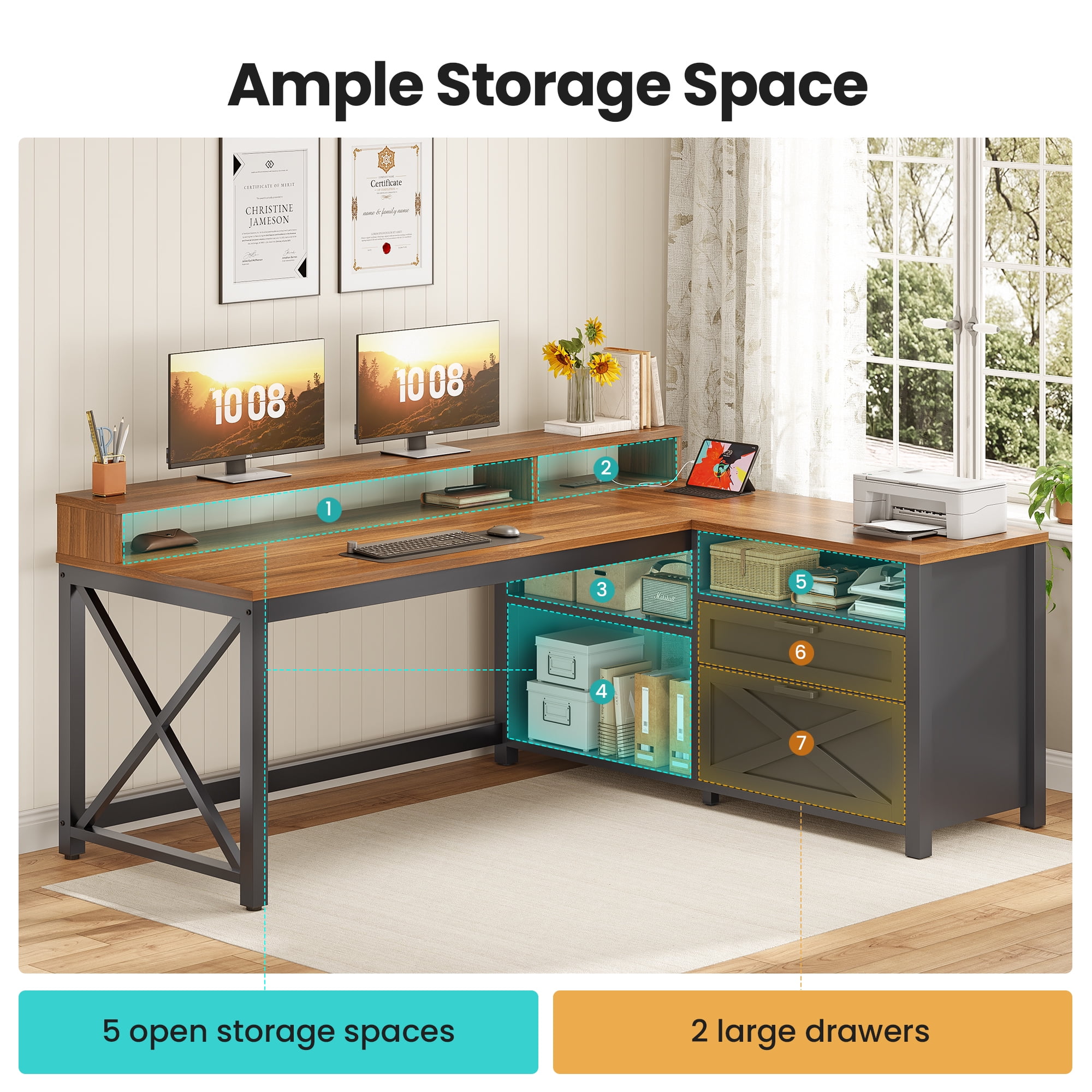 Farmhouse L Shaped Computer Desk with Drawers and Storage Shelves, 55" L Shaped Gaming Desk with LED Lights, Home Office Desk