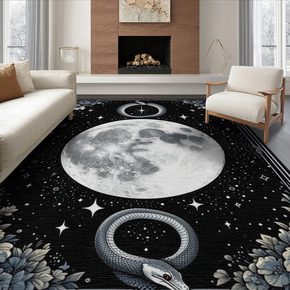 ODIKA 8'x10' Washable Area Rug Gothic Witchy Snake Moody Whimsical Boho Border Moth Witch Themed for Dining Room, Large Office, Lounge, Non-Slip Chair-Friendly Mat