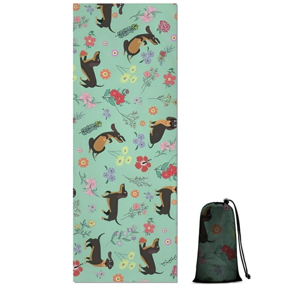 Dachshunds and Pioneer Flower Hot Yoga Mat Towel Non Slip for Hot Yoga - Quick-Drying Yoga Mat Cover with 4 Corner Pockets with Travel Bag - Hot Yoga Towel Non Slip 70"x26"