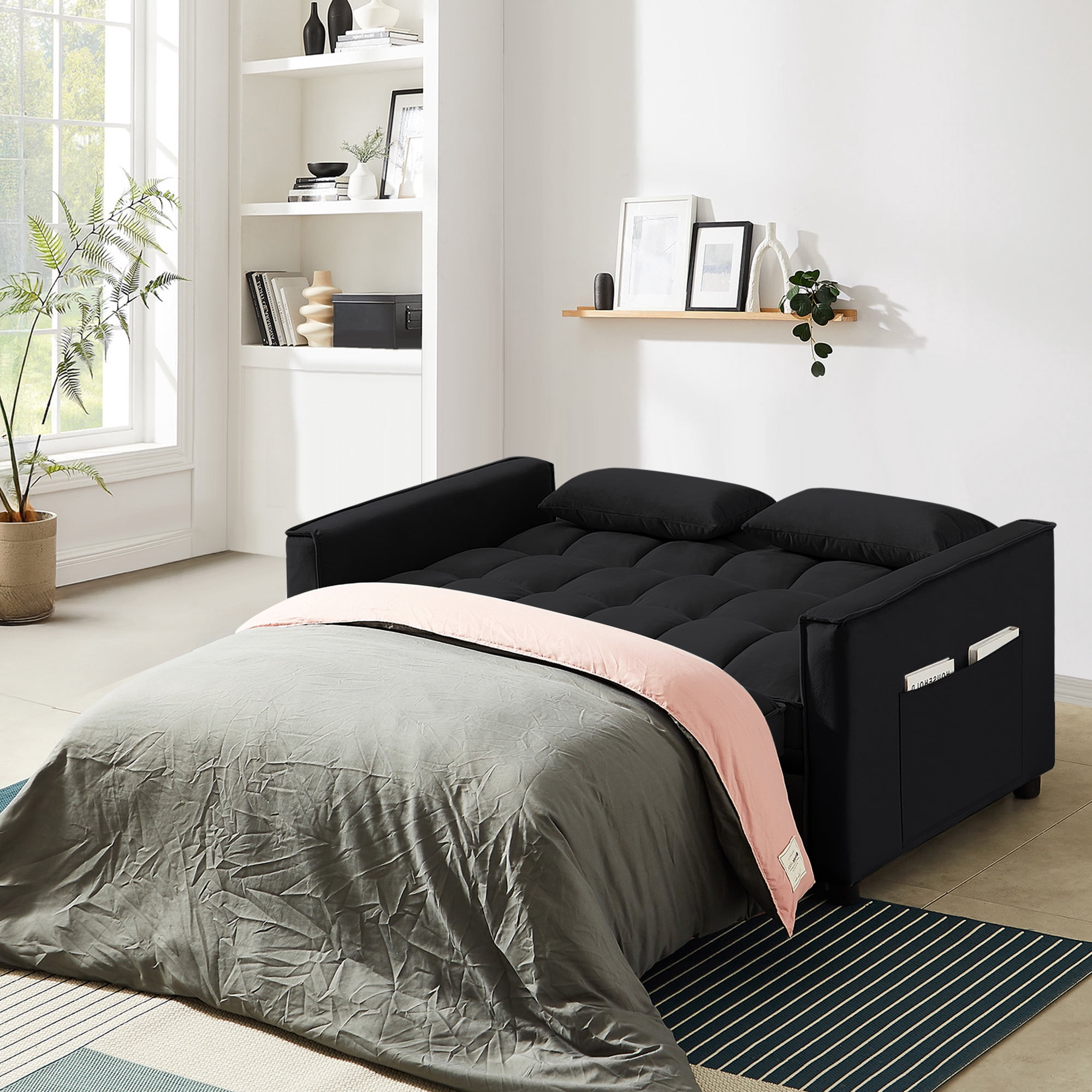 Lunale 4-in-1 Convertible Futon Sofa Bed, Pull Out Couch Beds Loveseat Sleeper, Black Velvet