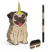 Pugicorn (Pug / Dog + Unicorn) Pinata Bundle with a Blindfold and Bat ― Hand Made Extra Small Sized Pinata For Birthday Parties, Kids Carnival and Related Events ― (16 x 7 x 2 Inches)