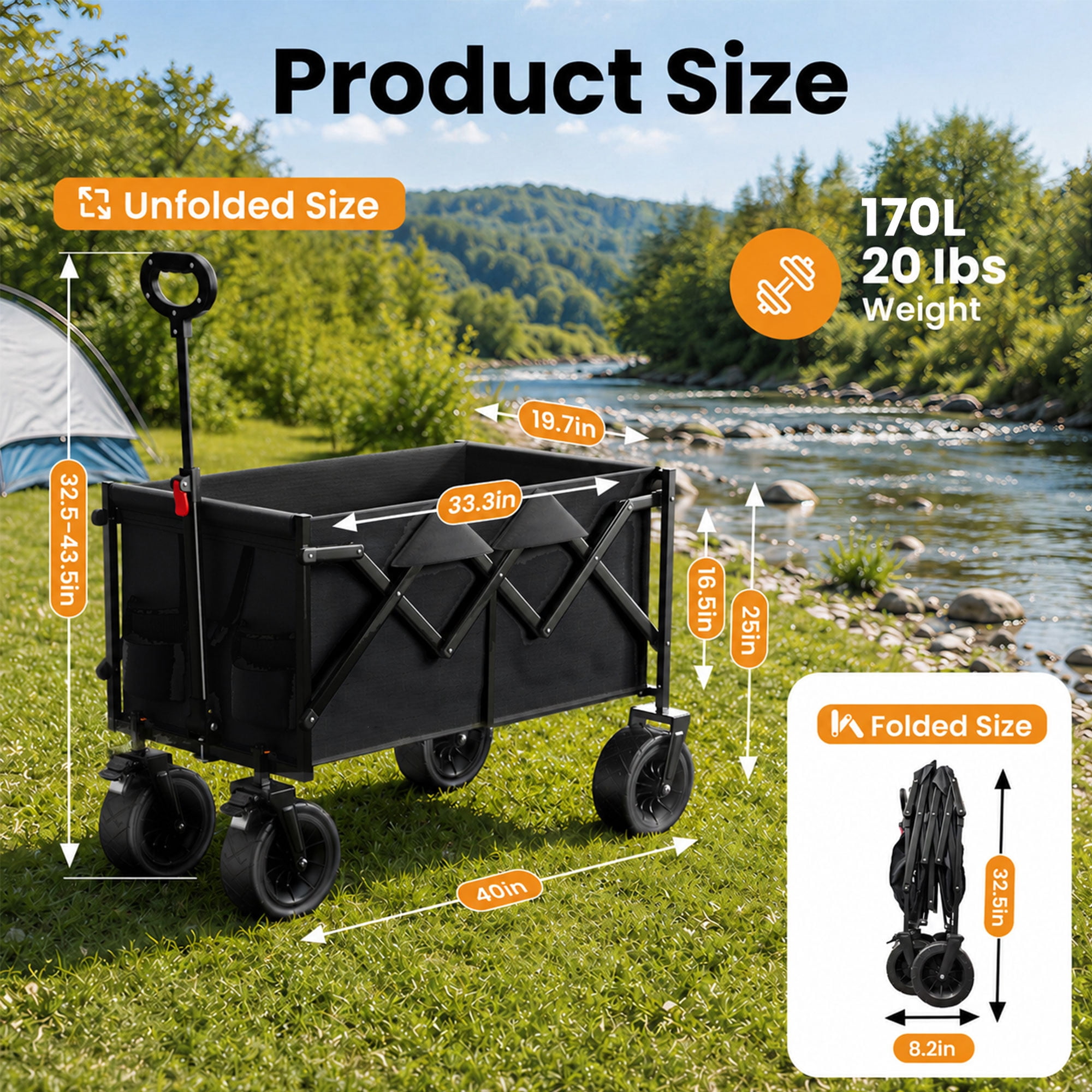 Goosiay Collapsible Wagon Cart, 580lbs Heavy Duty Utility Cart, 170L Large Capacity Folding Garden Wagon with All-Terrain Brake Wheels for Grocery, Shopping, Garden, Sports, Camping, Black