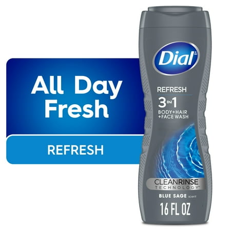 Dial Refresh 3-in-1 Men's Body Wash for Body, Hair & Face, Blue Sage Scent, 16 fl oz