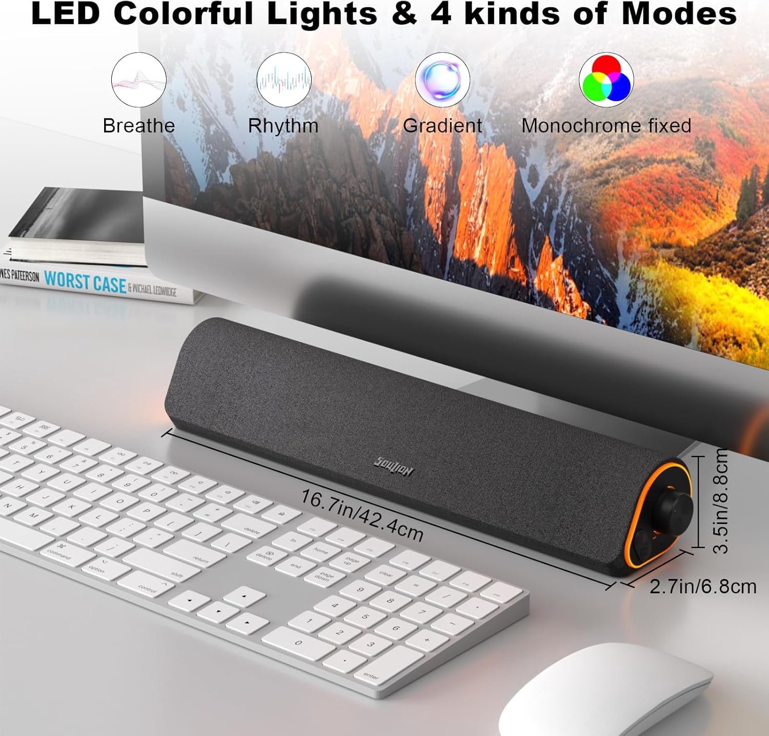 R50 Bluetooth Computer Speakers, 3.5mm PC Sound Bar for Desktop Monitor, Wired USB Powered & Colorful LED Lights with Switch Button, Surround Sound Soundbar PC Spearkers for Computer