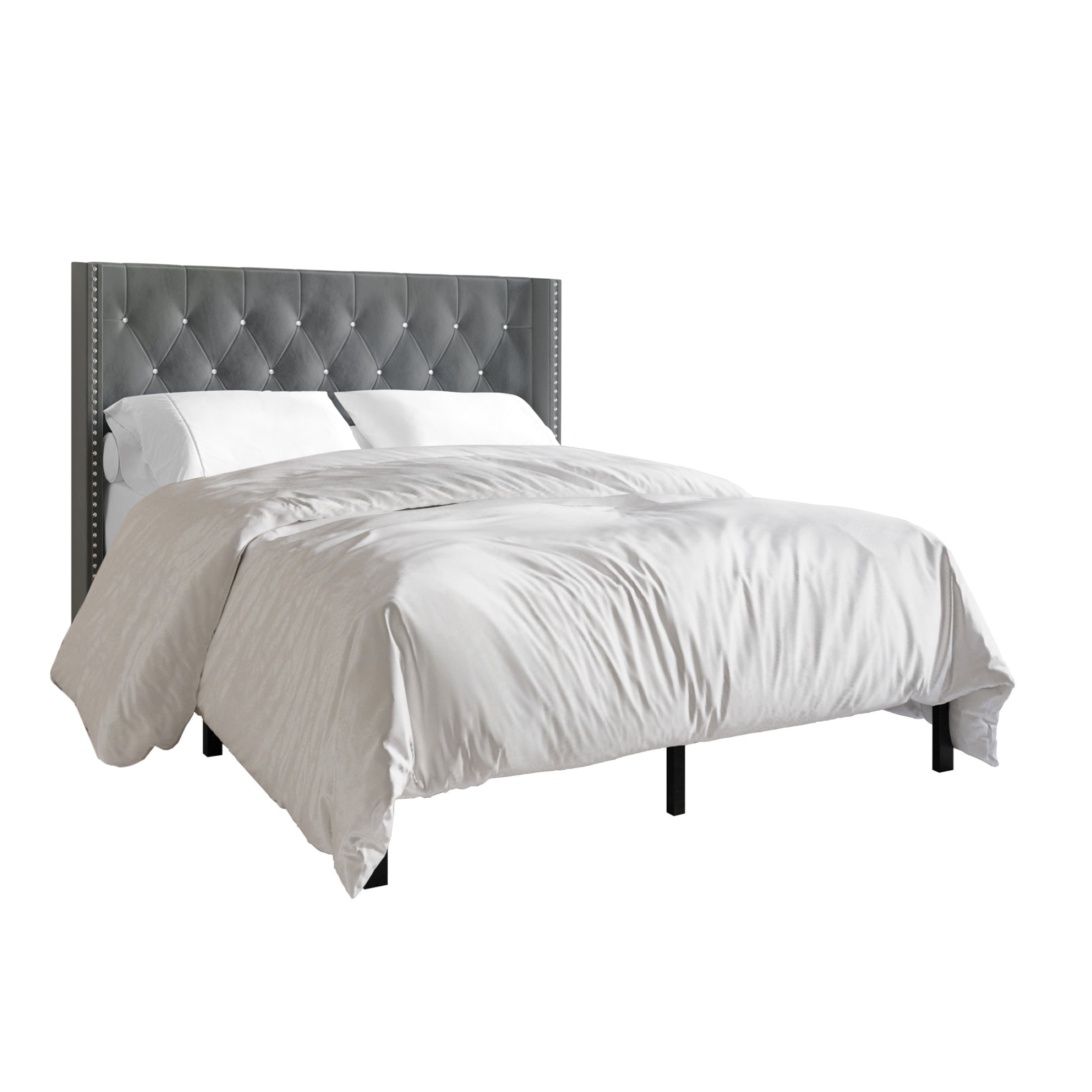 Castle Place Button Tufted Wingback Velvet Upholstered Bed, Light Grey, Queen