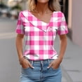 thumbnail image 2 of DeHolifer T Shirt for Women Short Sleeve Button Irregular V-Neck Plaid Printed Tee Tops Summer Casual T Shirt Pink 3XL, 2 of 4