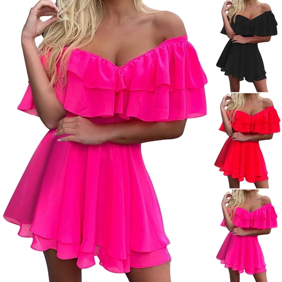 Antinious Ladies Summer Dress,Formal Party Dresses for Women,Off the Shoulder Dress Casual Solid Sleeveless V-Neck Evening Dresses,Red,S