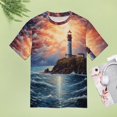 thumbnail image 4 of Lighthouse Sunrise Coast Scenery Pale Blue Tan Womens Tops Women's Fashion Casual Short Sleeve Flower Print Round Neck Pullover Top Blouse, 4 of 6