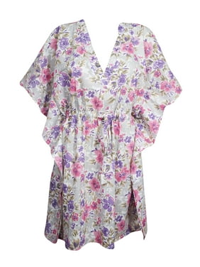 Mogul Women Light Purple Floral Tunic Dress Cotton Kimono Sleeves Knee Length Comfy Loose Kaftan Beach Cover Up Short Caftan Dresses 3X