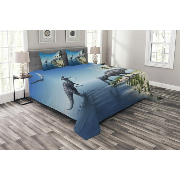 Ambesonne Animal Quilted Bedspread Set 3 Pcs, Wild Suchomimus Dinosaur, King Size, Blue Green Grey
