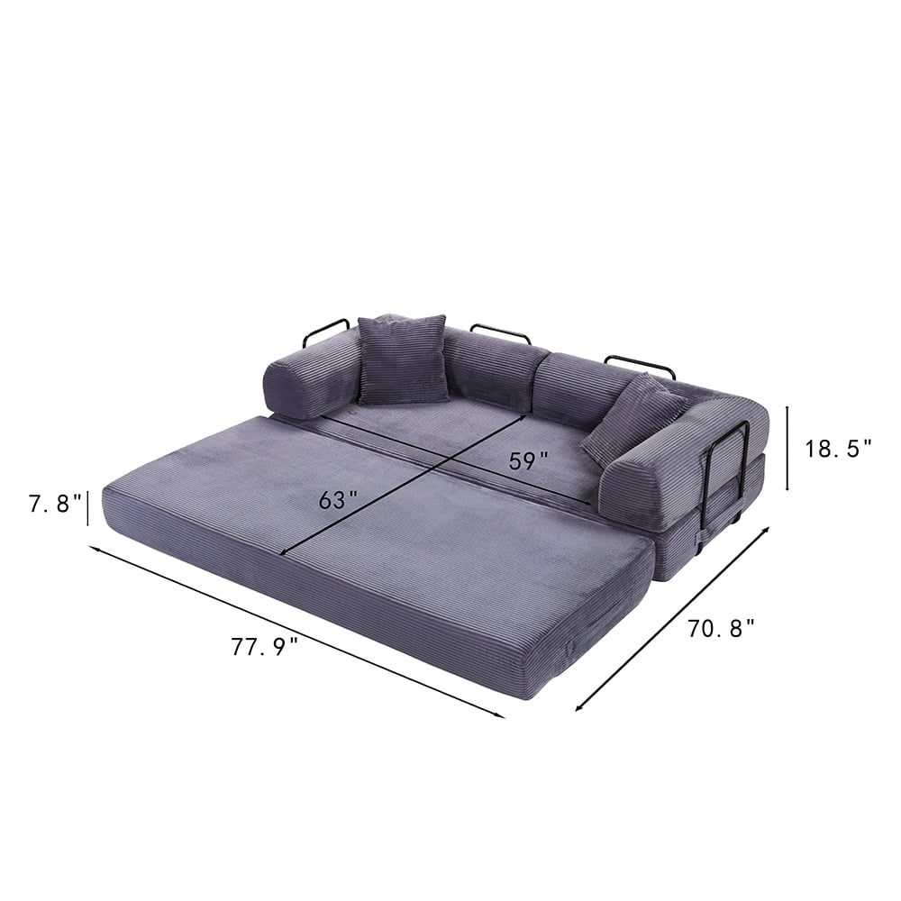 Miniyam 78 W x 35.4 L x 26.7 H Convertible Sleeper Sofa 2 in 1 Sleeper Sofa Couch Bed with Fixed-Shape Frame 3 Seat Folding Sofa Bed, Gray