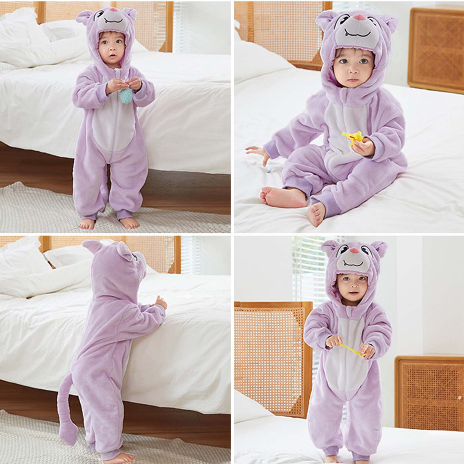 Combinaison Bébé à Capuche En Peluche - Grenouillère Zippée Manches Longues, Oreilles D'ours - Hiver Chaud, Coton/polyester - 3 à 12 Mois